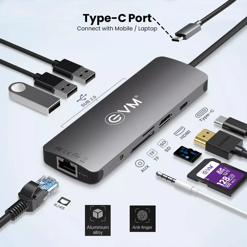 EVM Type-C Dock 9 in 1 (HDMI | USB |GIGA LAN | AUX | SD/TF CARD | TYPE-C) view 4